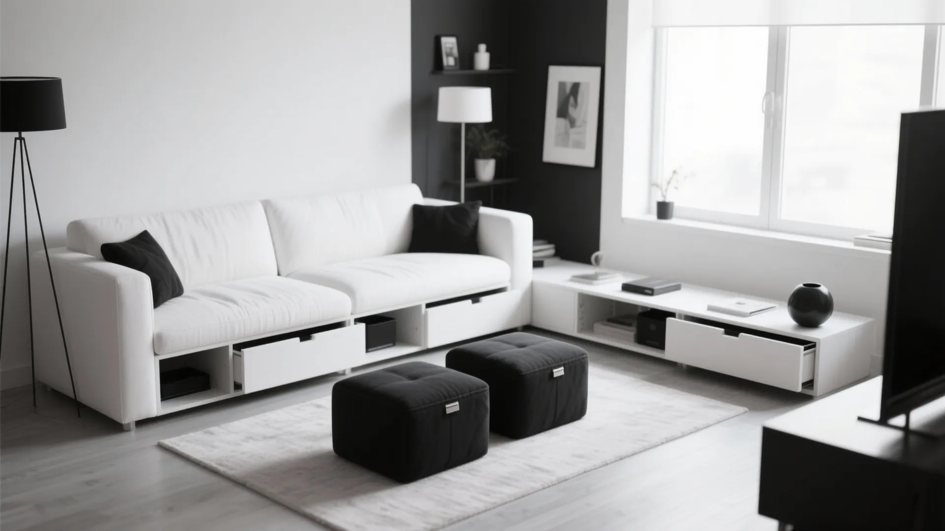 Small living room with white sofa and black ottomans with storage