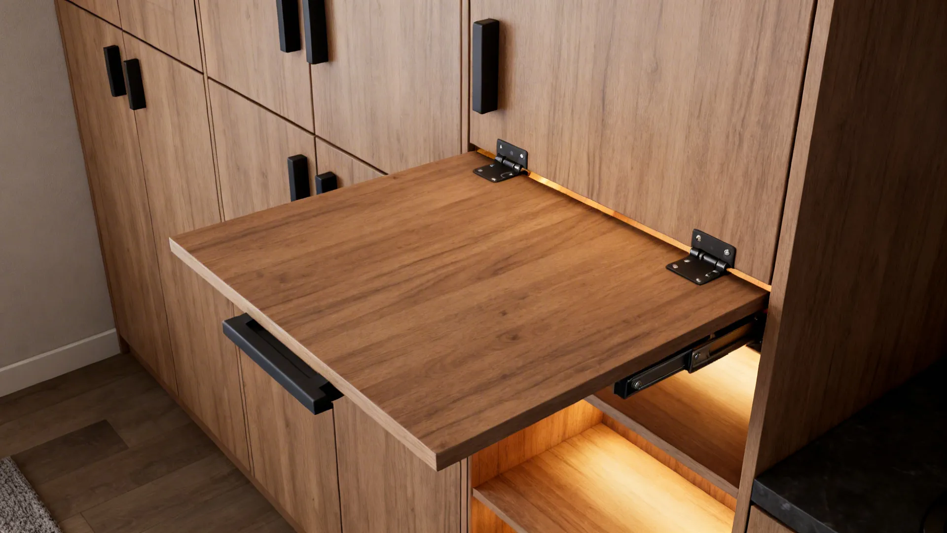 Built-in multi-functional cabinetry with fold-down dining top and concealed storage