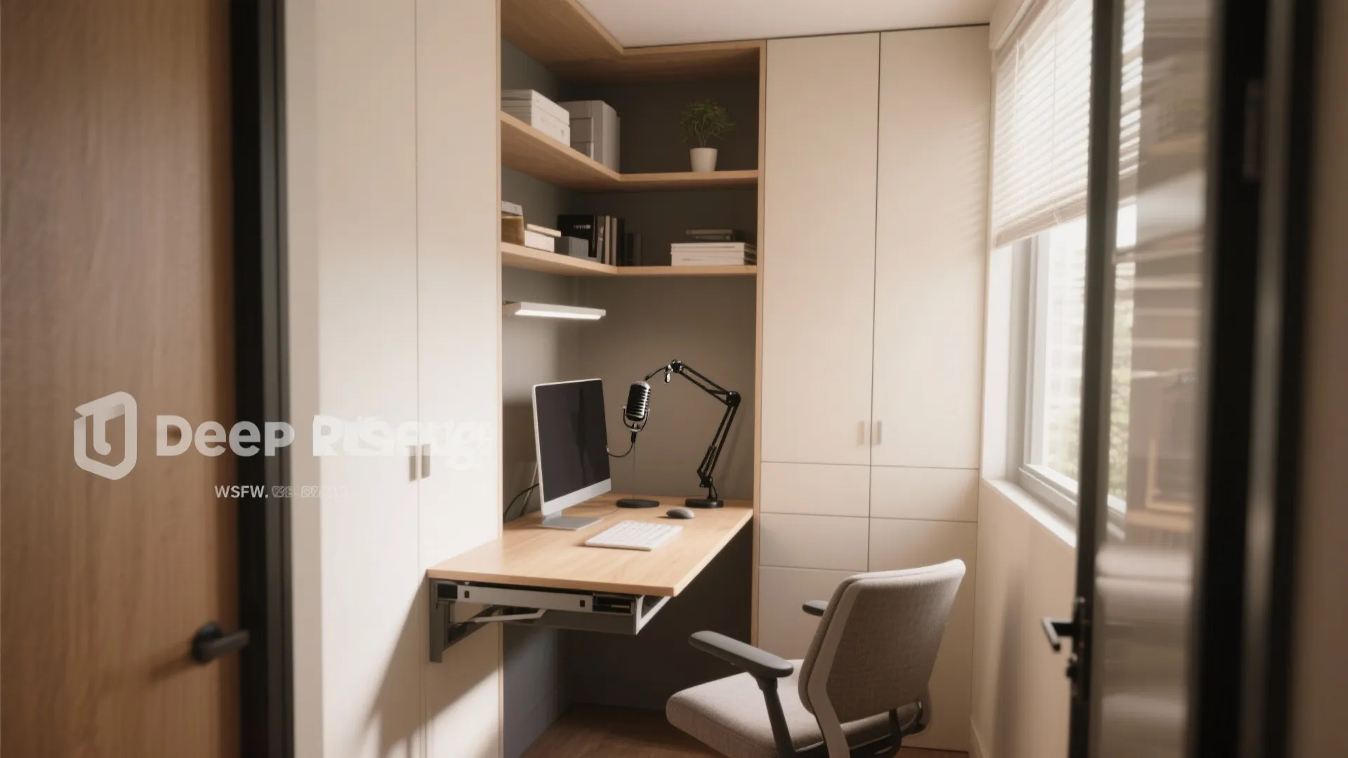 Small home office corner with wooden desk computer chair white cabinets and natural window light