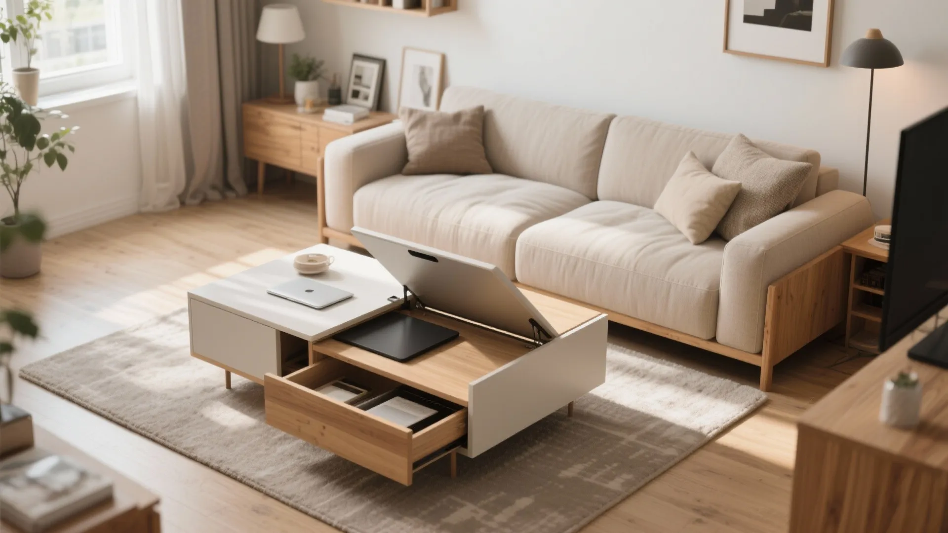 Functional white coffee table with lift top and open drawer showing storage space for laptop