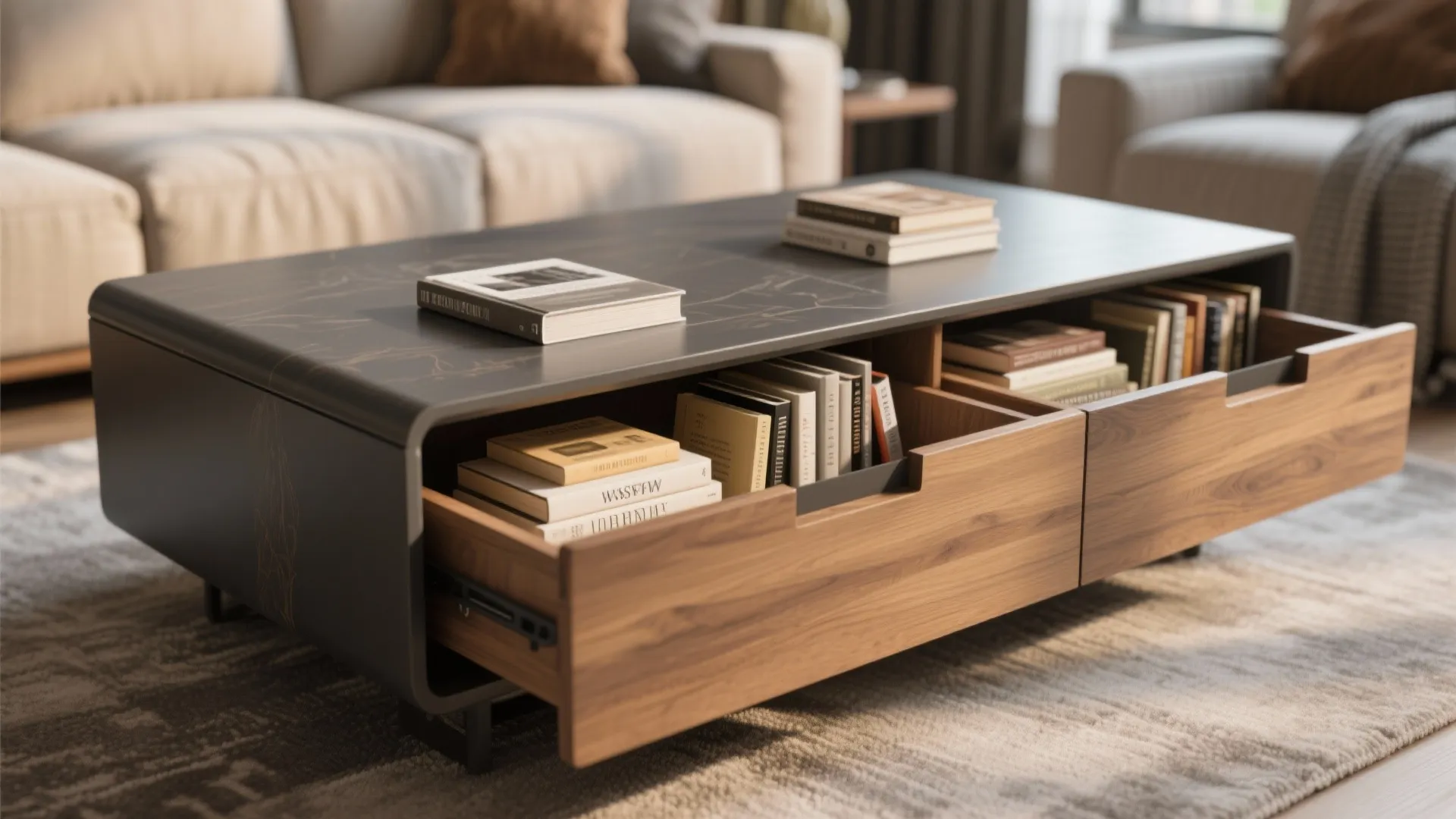 Close-up of coffee table with hidden storage holding books