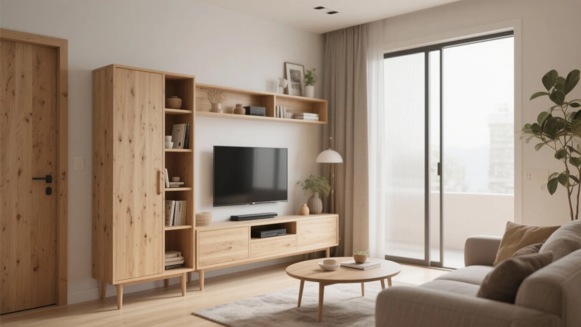 Multi-functional media console with storage in small living room