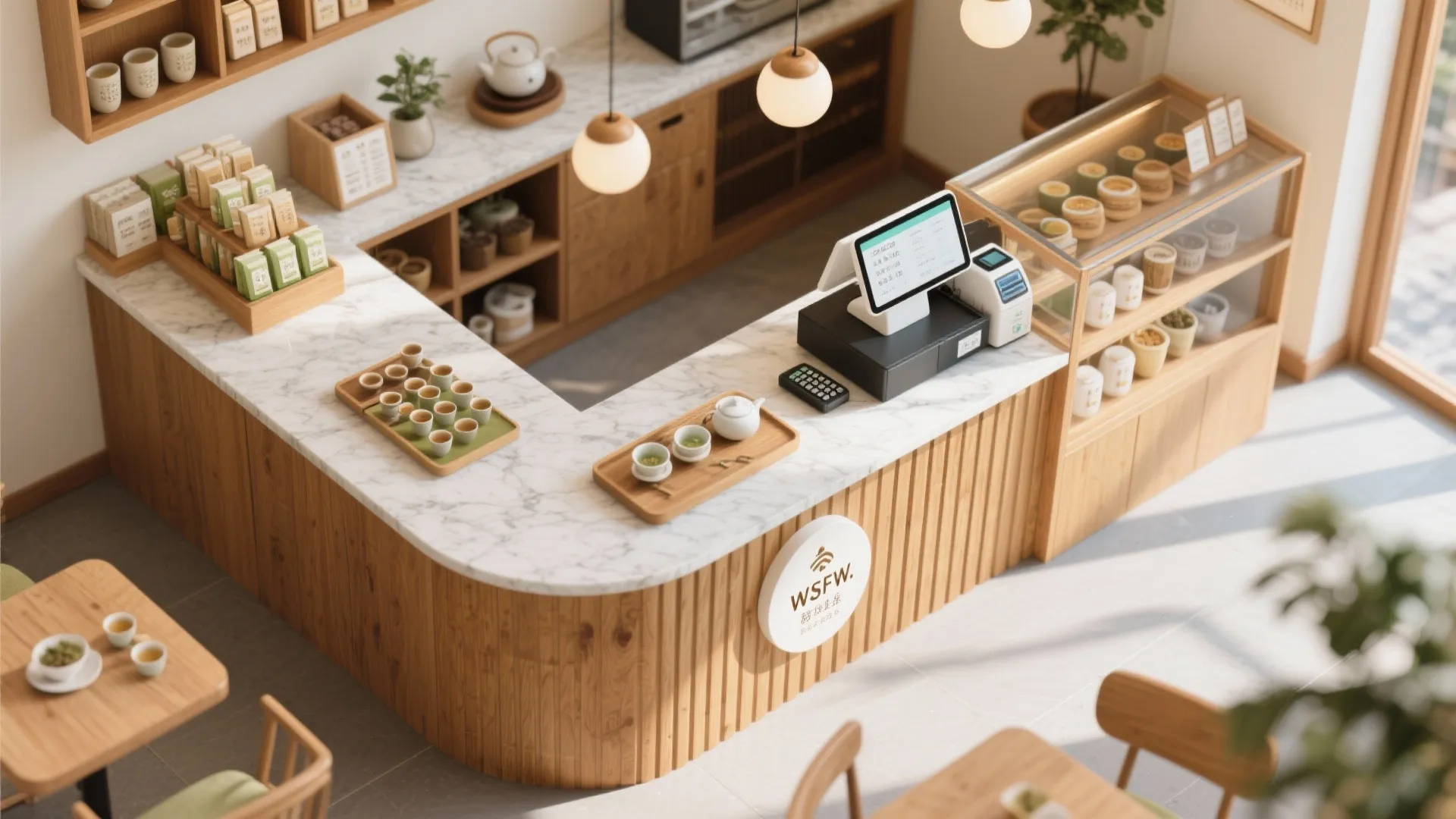 Modern tea shop counter with marble top wooden base cash register and white round hanging light