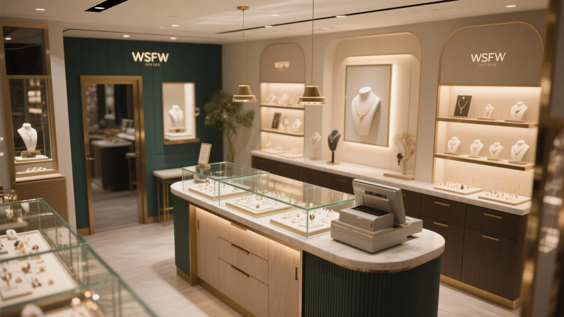 Luxury jewelry shop interior with glass display cases gold light fixtures and elegant wall cabinets