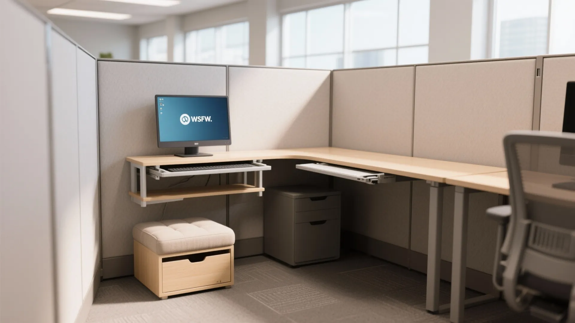 Modern office cubicle featuring wooden desk, computer monitor, keyboard tray, gray filing cabinet, and footrest