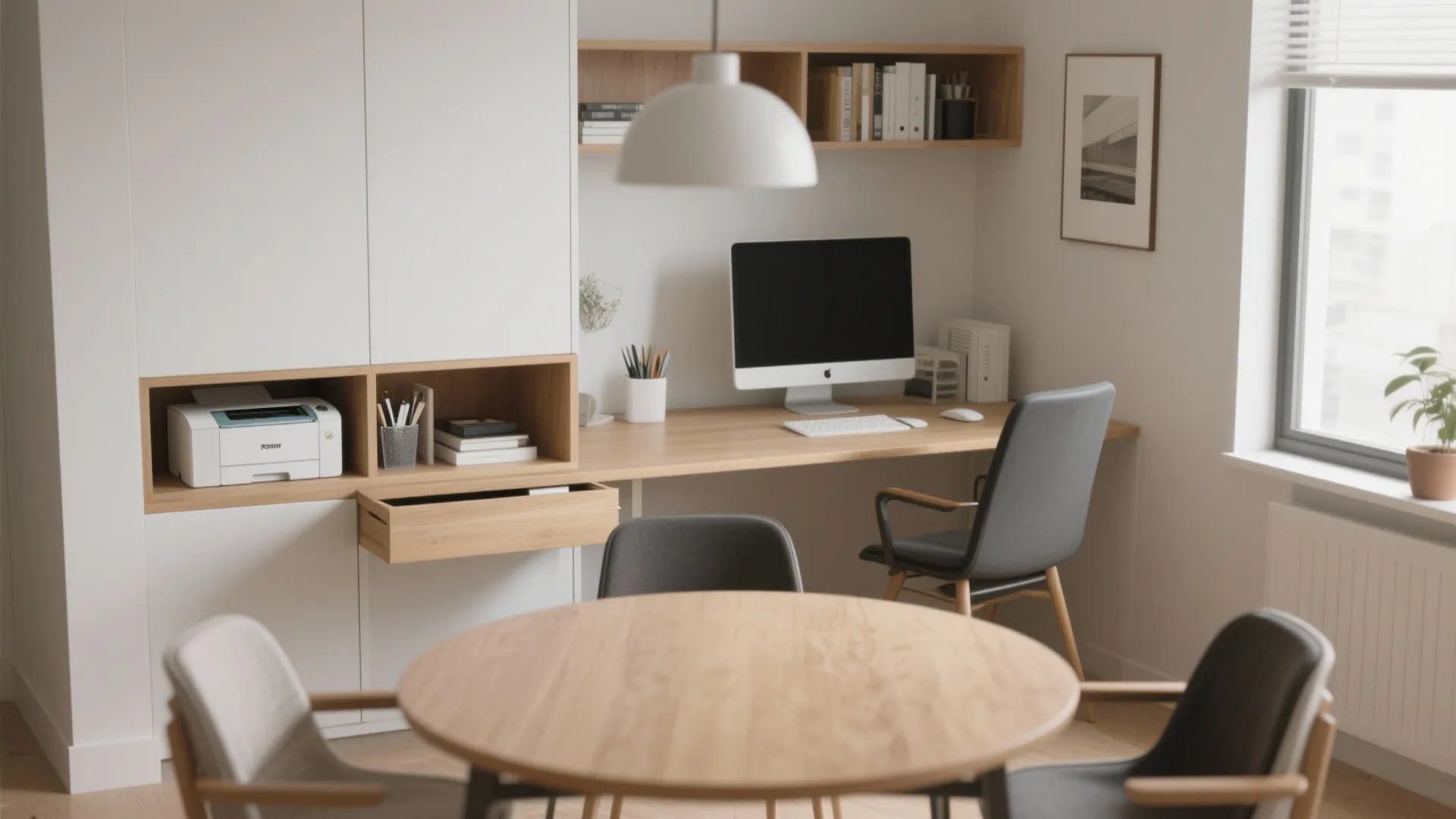 Modern home office featuring wooden desk computer white cabinet round table and grey chairs layout
