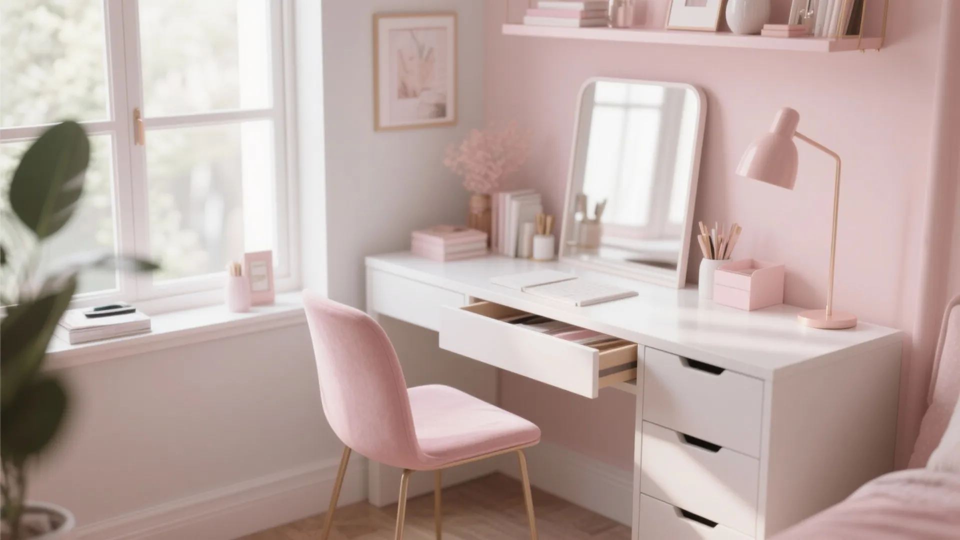 Small elegant desk with hidden storage serving as both workspace and vanity