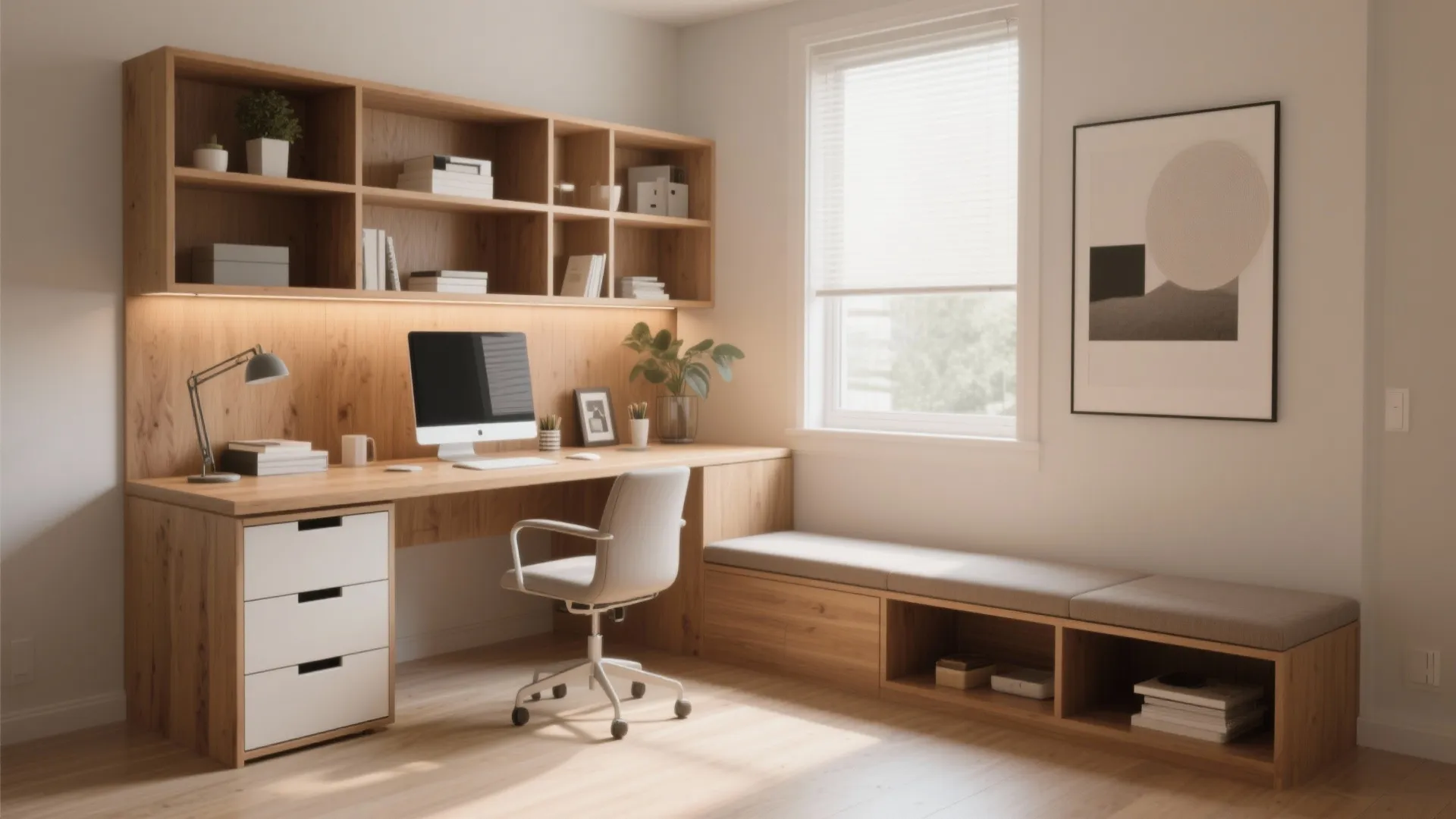 Modern home office with wooden desk computer white chair wall shelves and a window bench