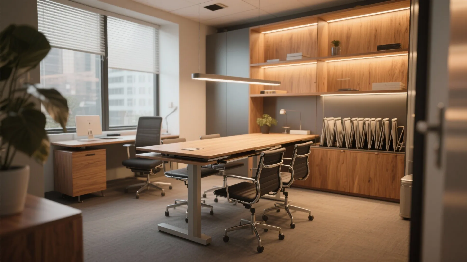 Convertible desk and folding chairs in a small modern office