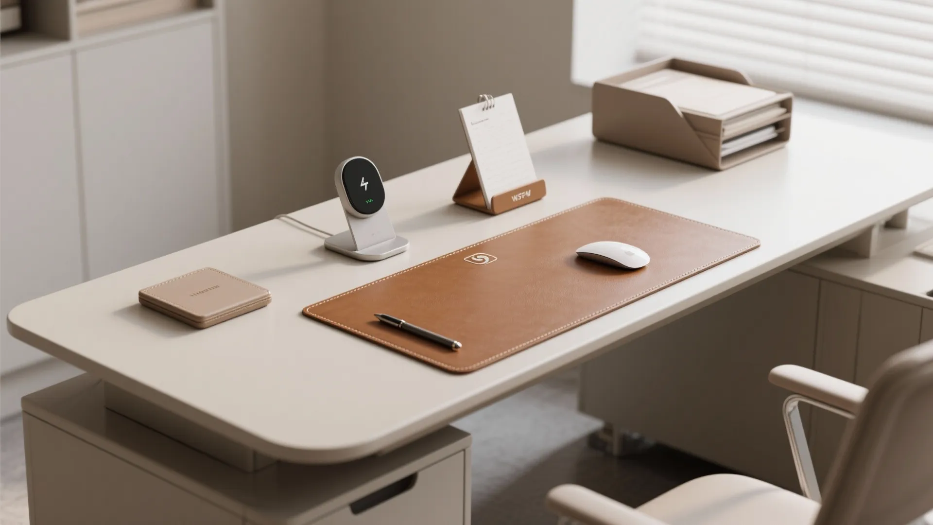 Beige desk with brown leather mat, phone charger, white mouse, pen, and small desktop calendar