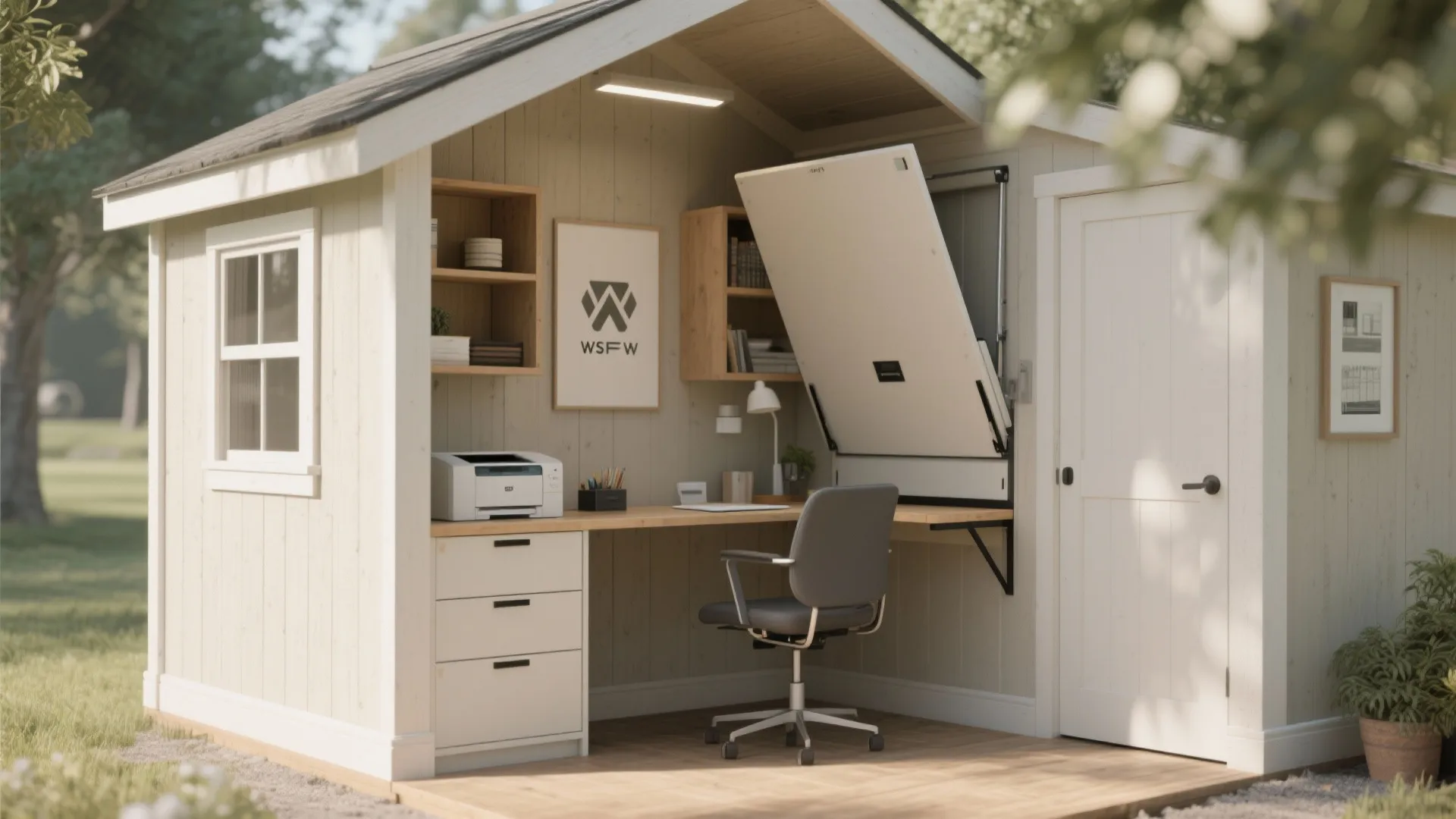 Modern outdoor garden shed office with wooden desk white drawers grey chair and folding wall bed
