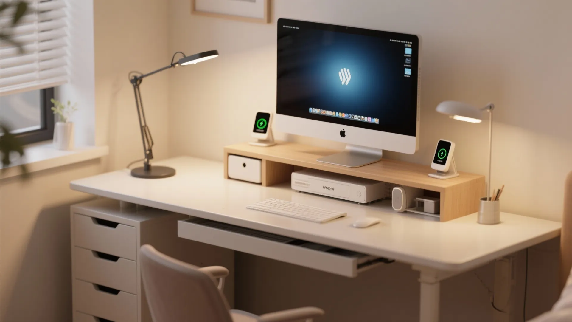 Modern white desk with wooden monitor stand computer two desk lamps and white storage drawers