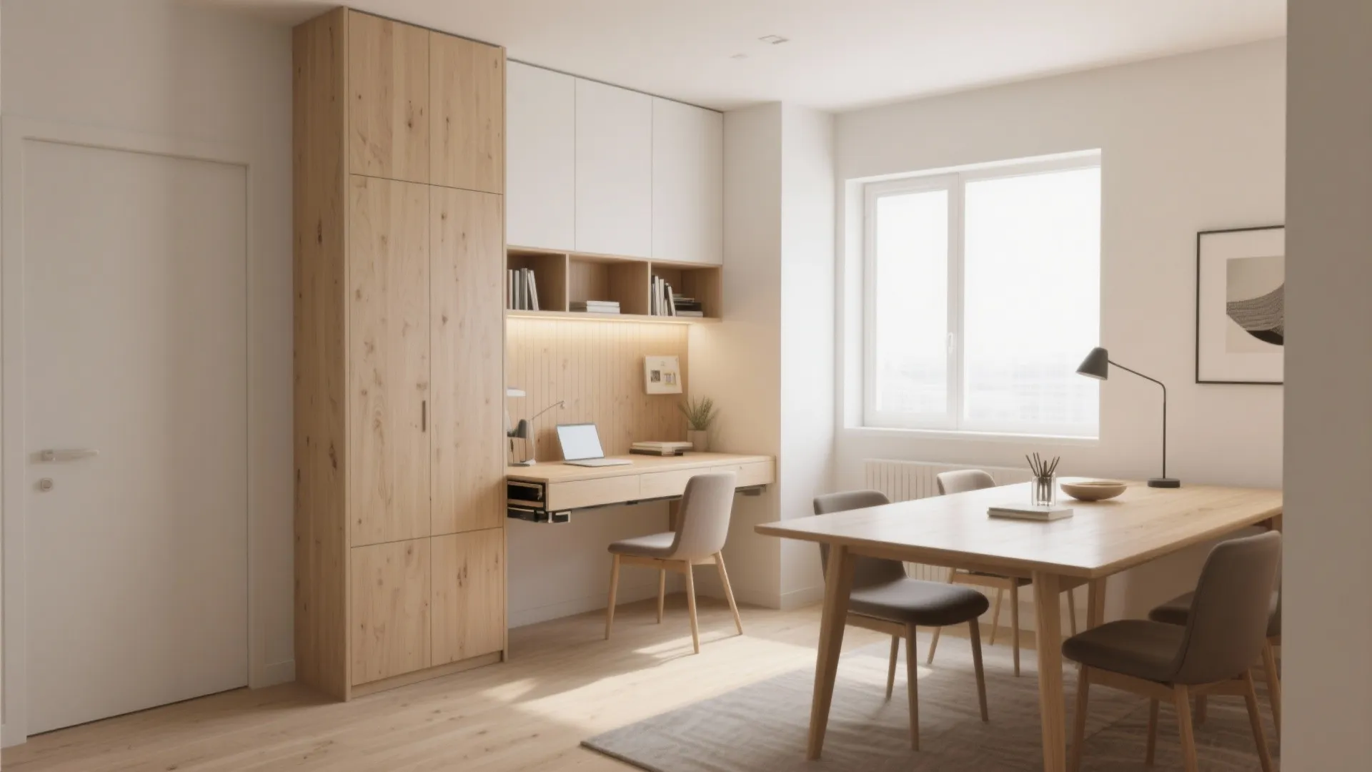 Modern home office with wooden desk and dining table set against bright windows and cabinets