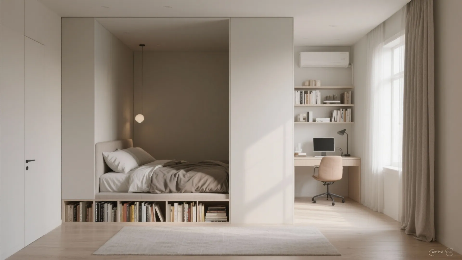 Integrated bedroom and office space featuring built in bed with bookshelves and a wooden desk