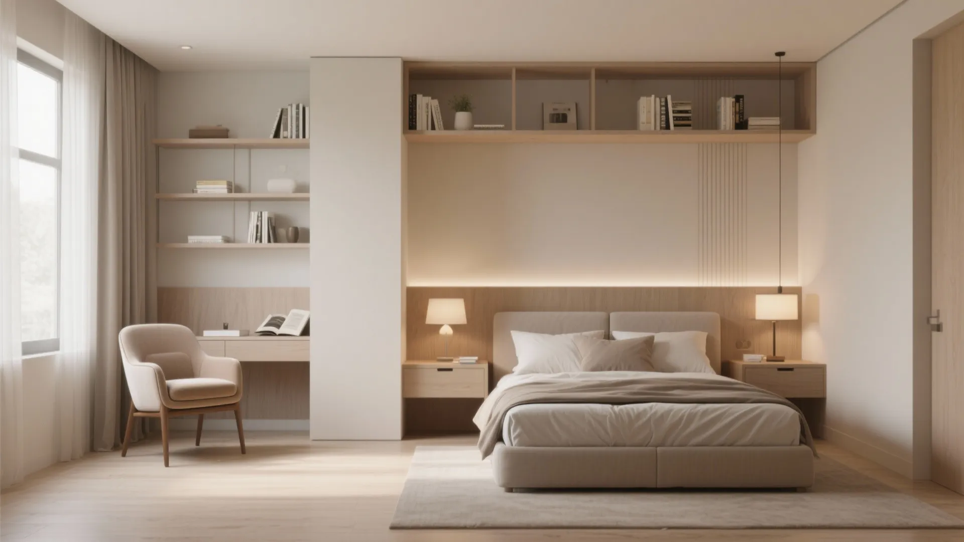 Minimalist bedroom layout featuring a white wall divider integrated wooden desk and built in shelving