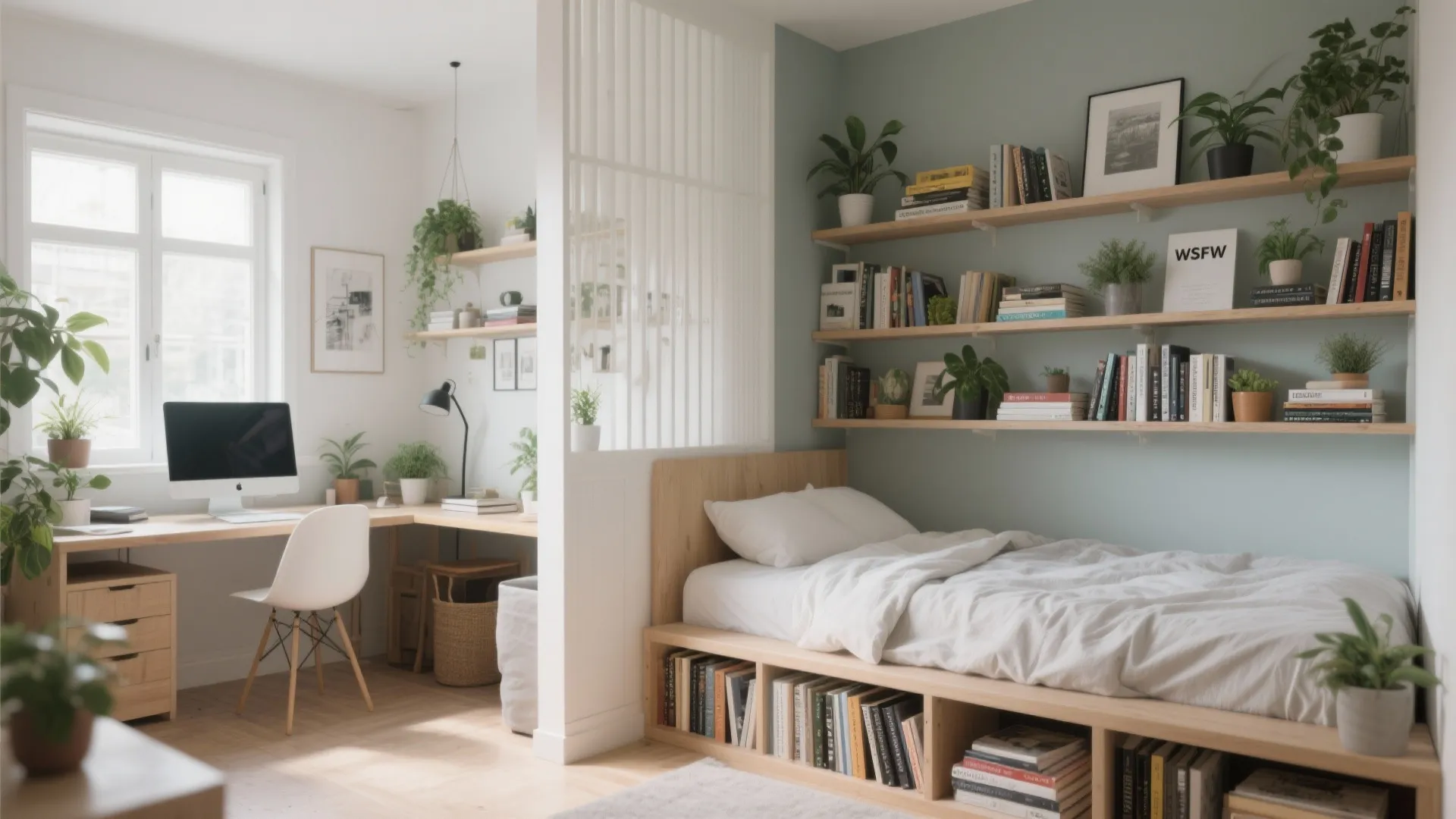 Modern studio apartment with a white wooden room divider separating the bed from the office