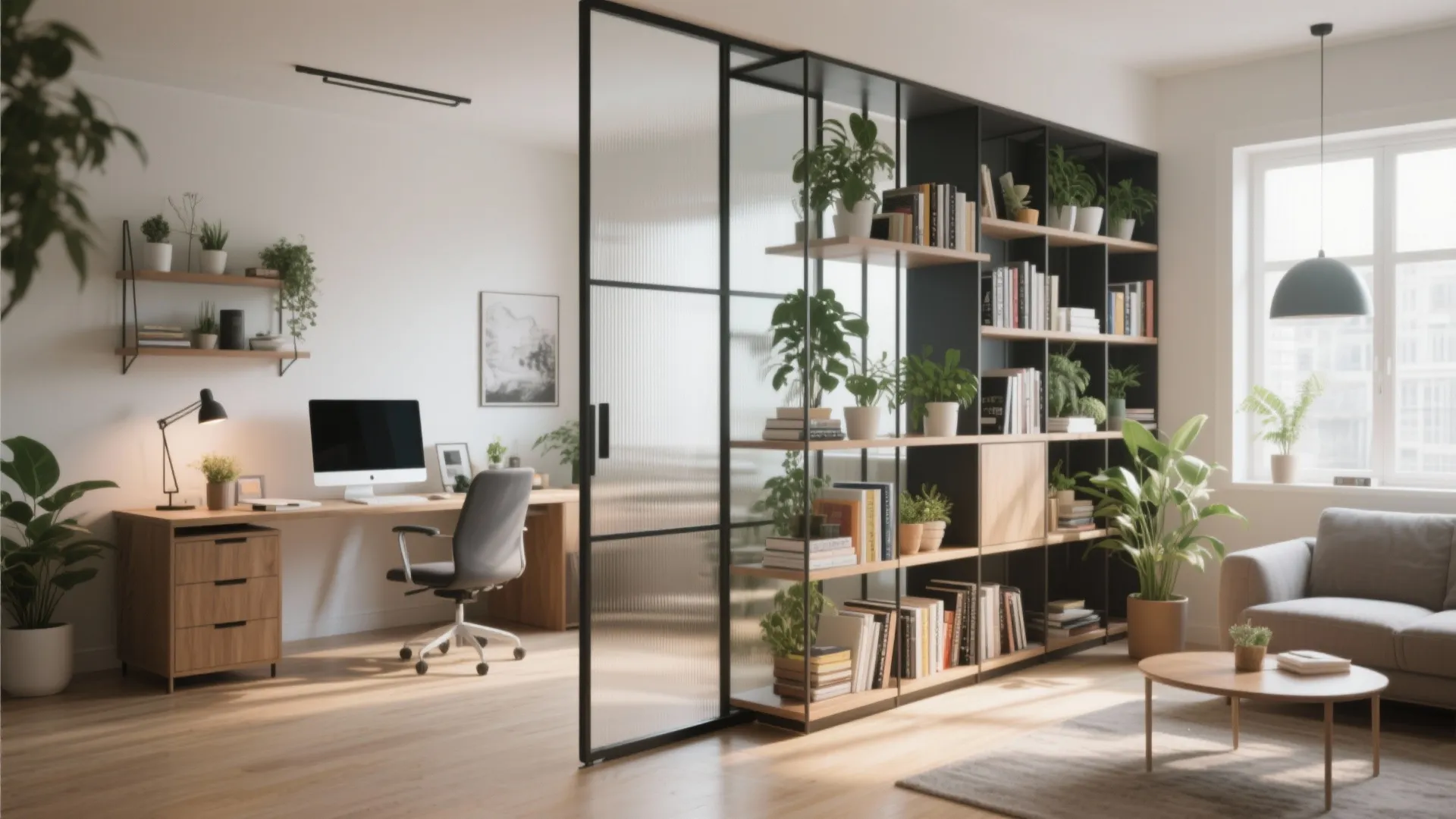 Bright home office and living room separated by glass partition and black bookshelf with plants