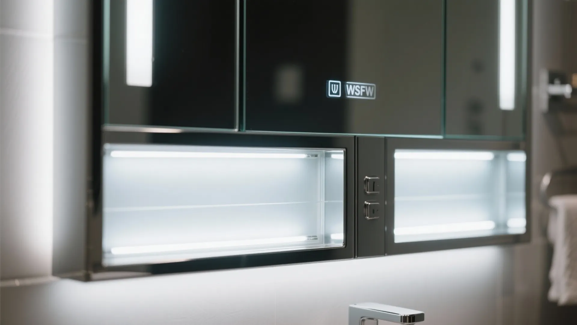 Modern mirror cabinet with LED and defogger in a small bathroom