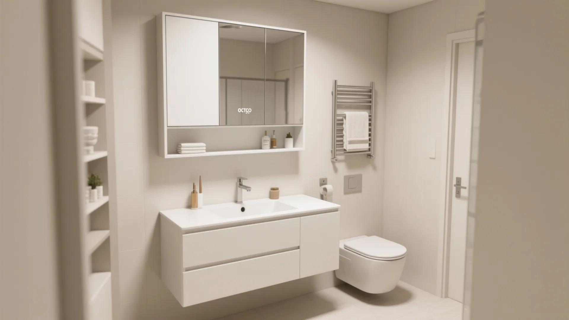White bathroom interior design with a mirror cabinet and vanity plus a wall hung toilet