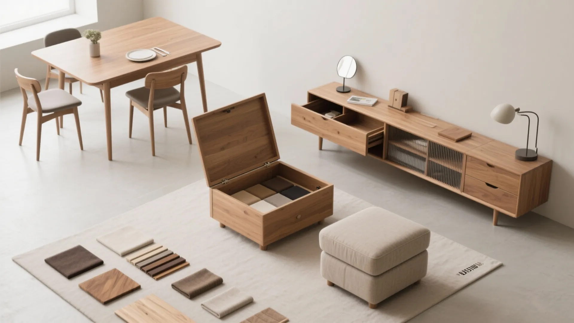 Interior design mood board with furniture wood samples fabric pieces and wooden dining table set
