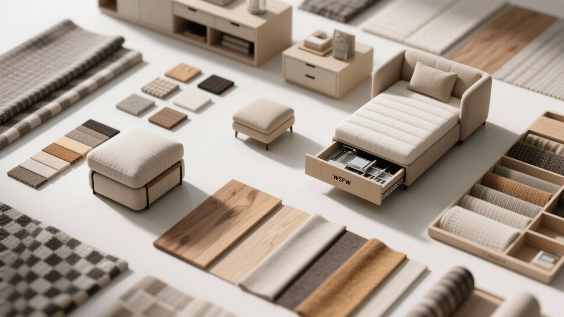 Flatlay of materials and elements for multi-functional furniture