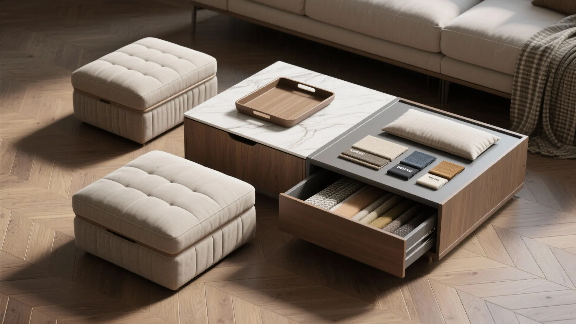 Flatlay of storage ottomans, tray coffee table and durable fabric swatches.