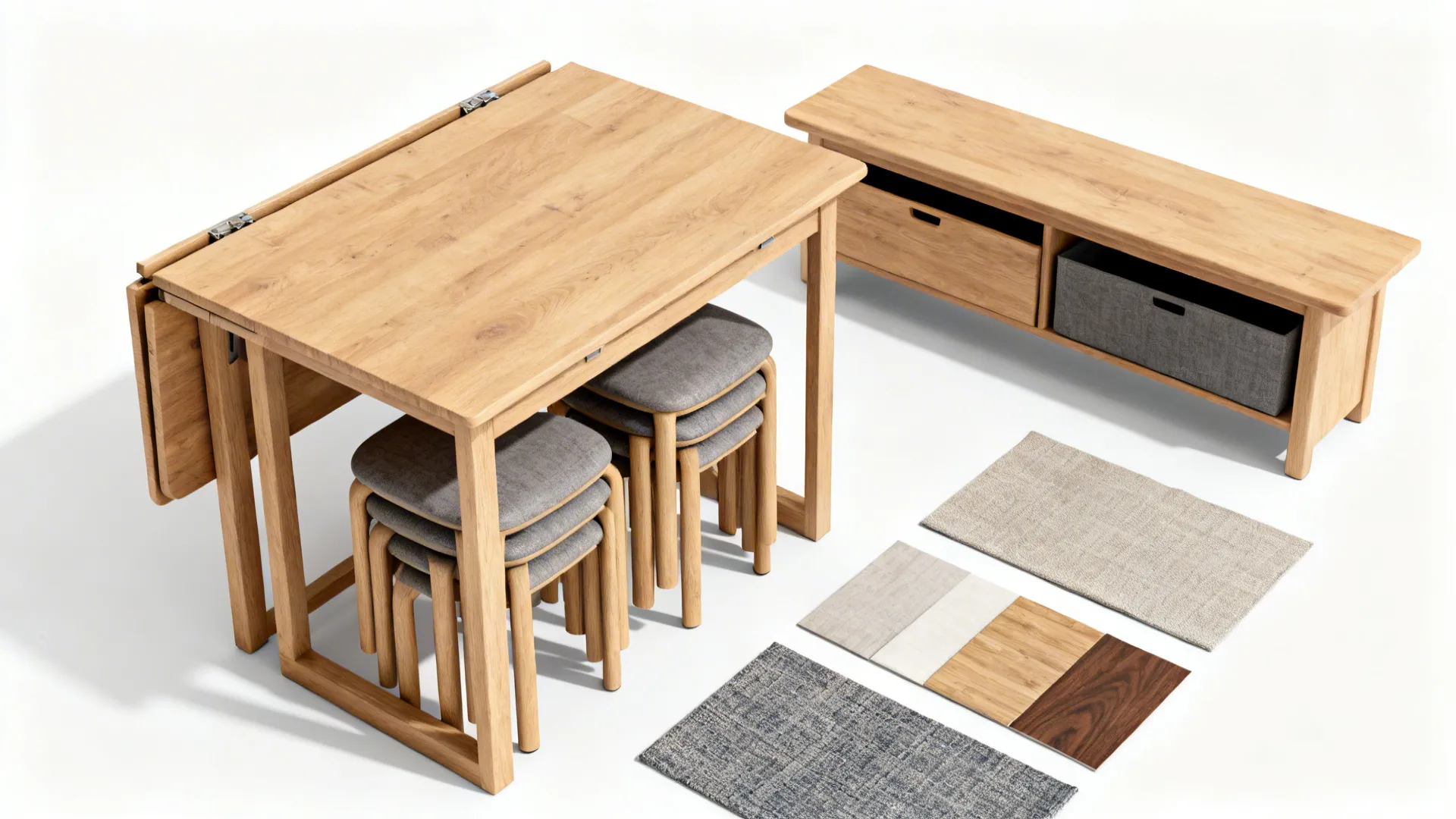 Top-down layout of an extendable table, stackable stools and storage bench for small footprints.