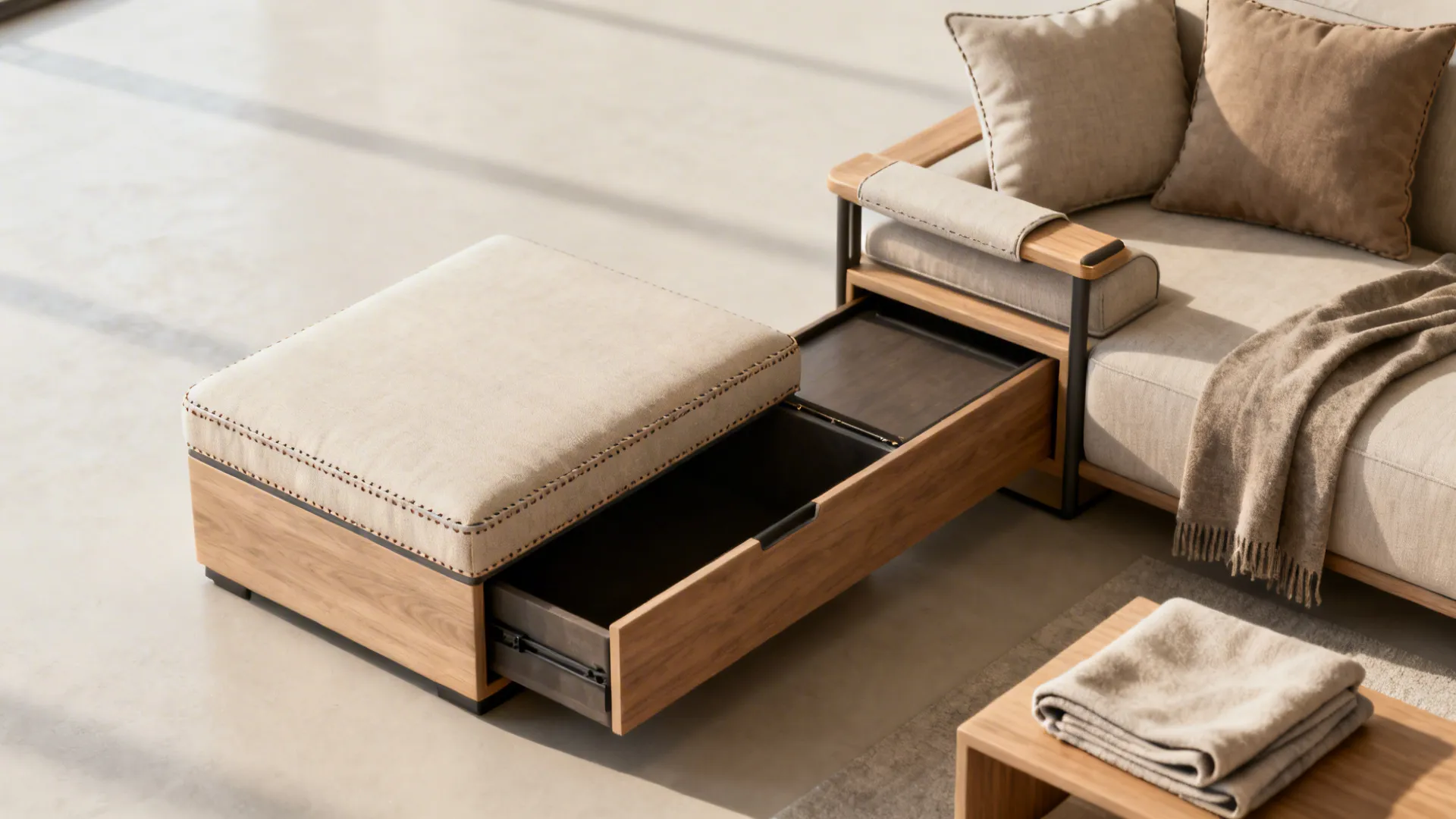 Top-down view of a storage ottoman open to reveal blankets, with slim sofa cushion and side table