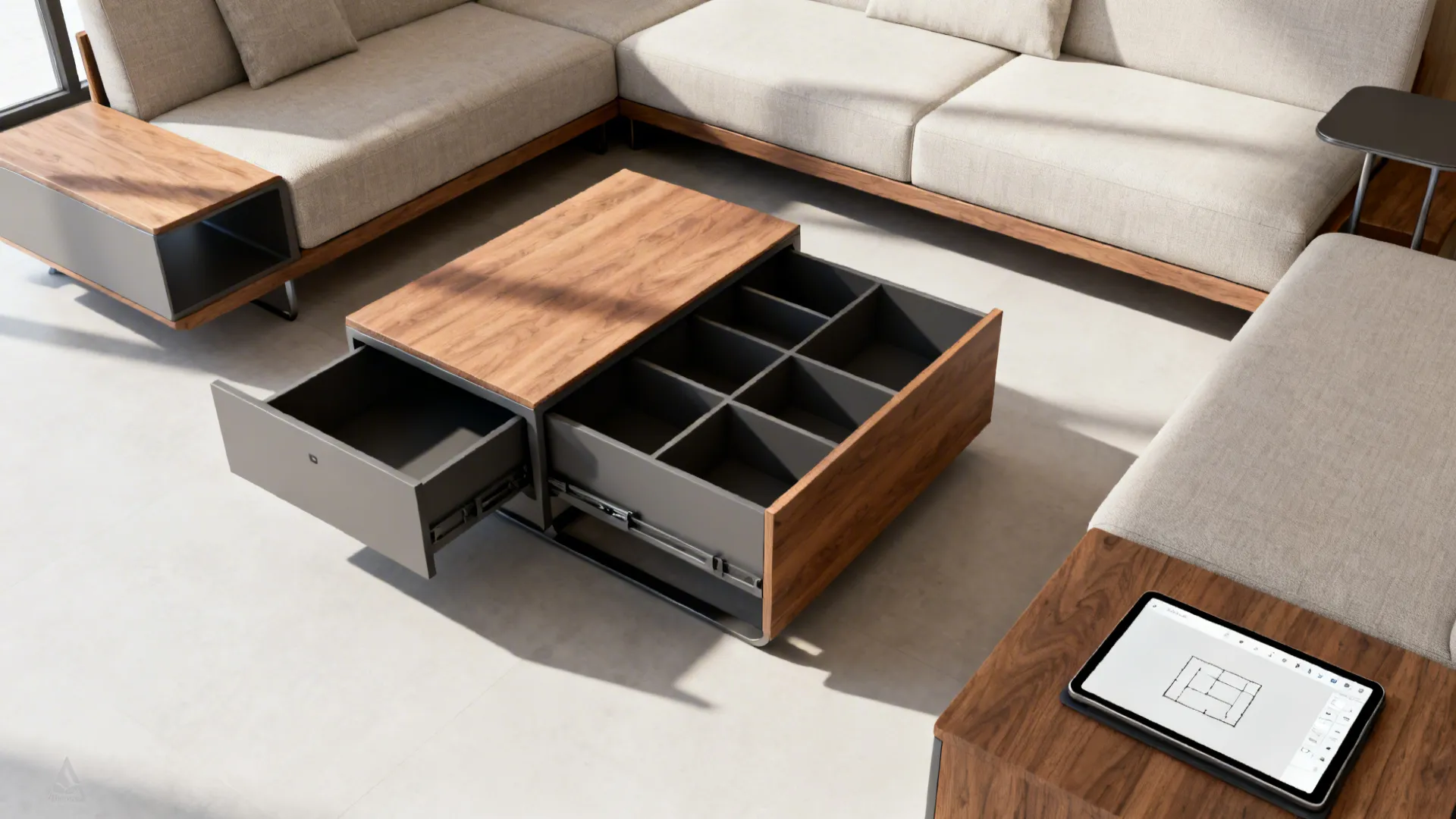 Top-down view of multi-functional furniture pieces and a tablet showing a room planner.