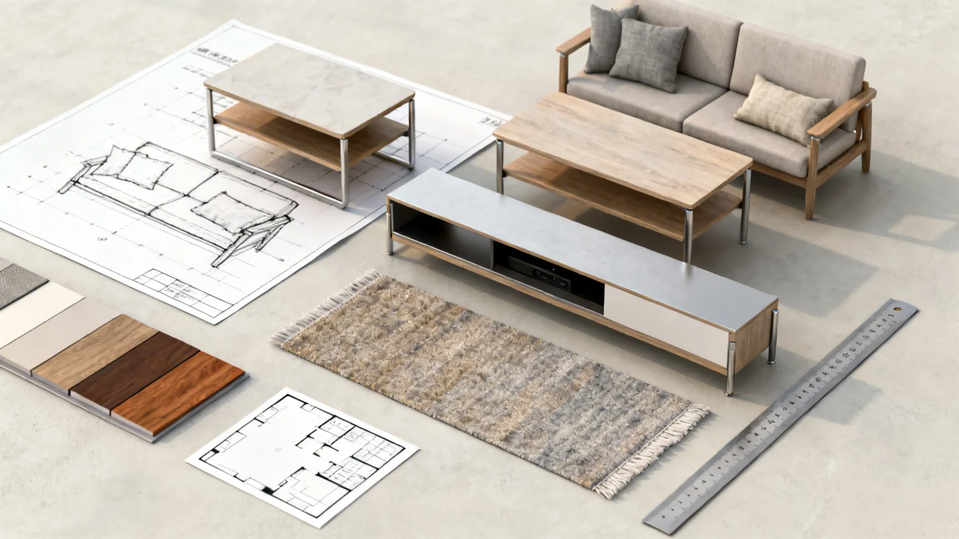Flatlay of nesting tables, loveseat scale references, fabric swatches and small-space furniture materials.