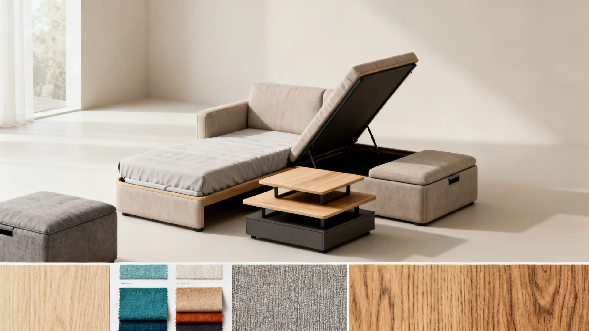 Sofa bed with nested coffee tables and material swatches showing multifunctional small-space furniture options.