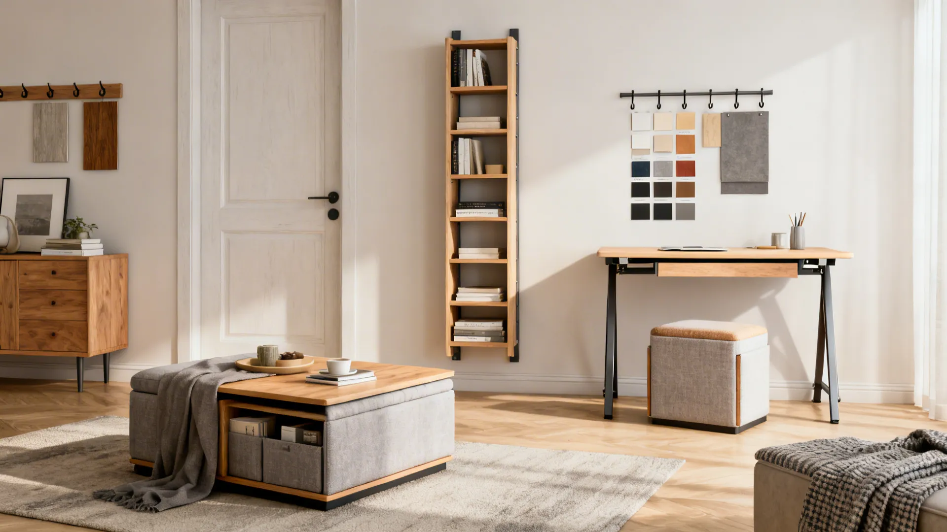 Multi-functional furniture and vertical storage samples for a compact entry-living room.