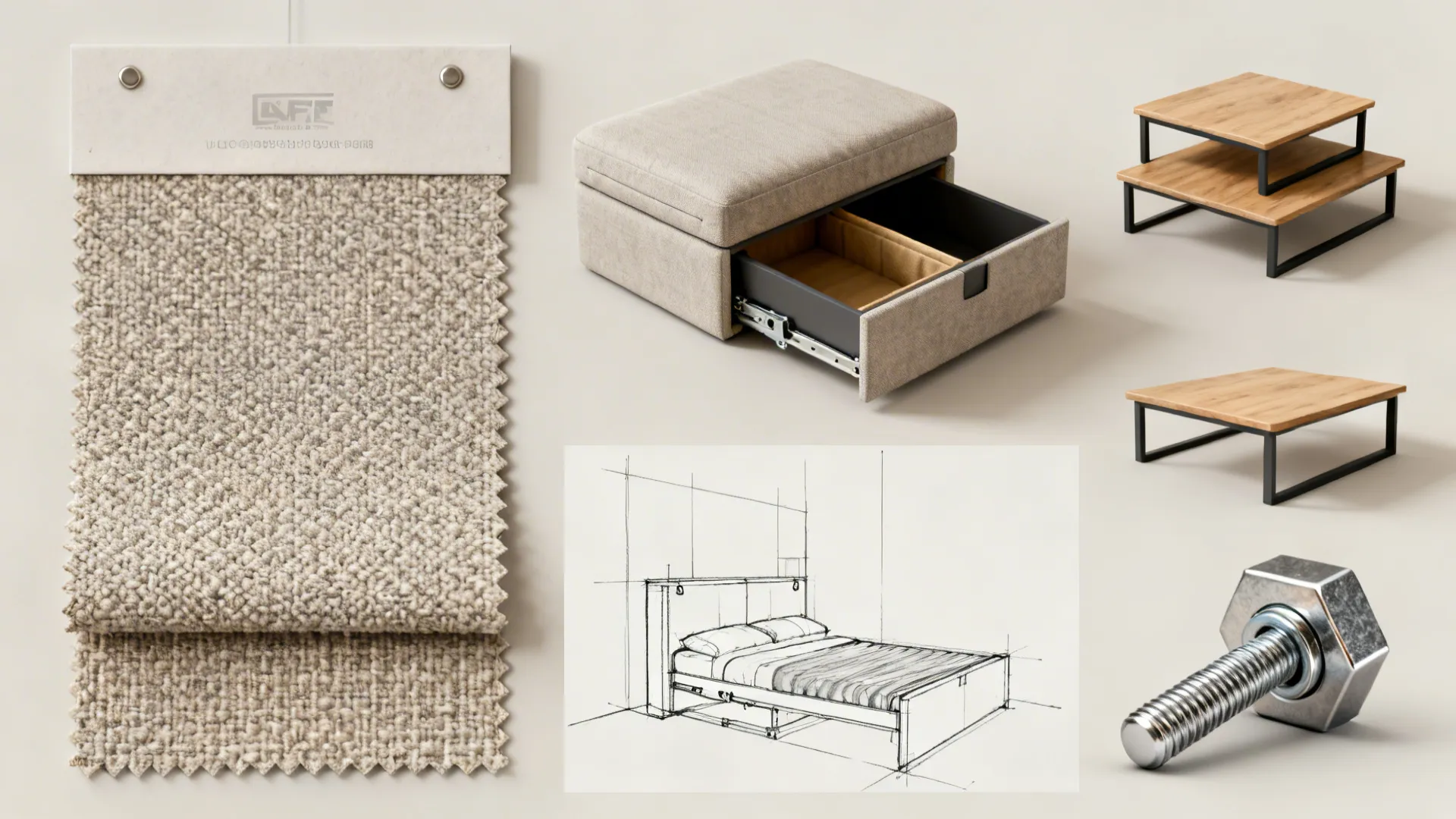 Top-down flatlay of multi-functional furniture samples: sleeper sofa fabric, nesting tables, ottoman storage.