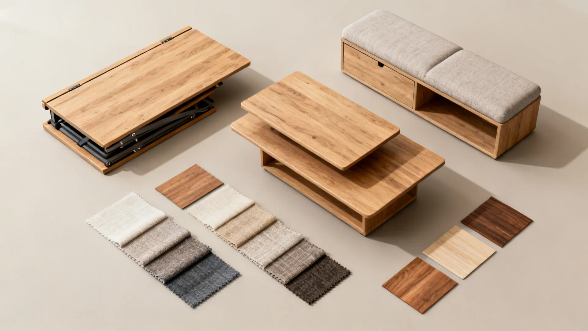 Flatlay of extendable table, nesting coffee tables, storage bench and material swatches