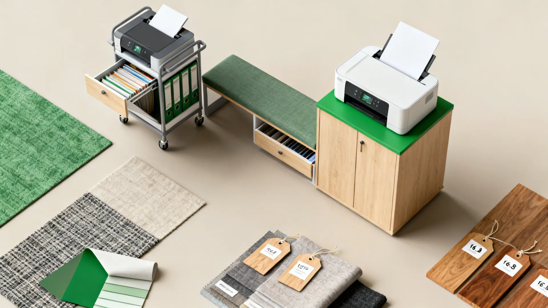 Top-down flatlay of multi-functional furniture pieces including a rolling printer cart and storage bench