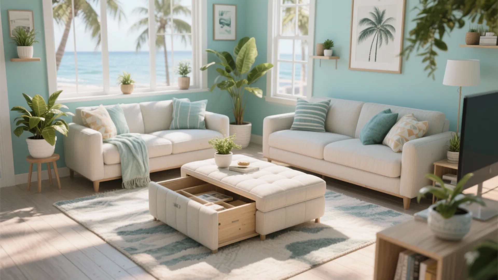 Tropical living room with blue walls, white sofas, and footrest with an open storage drawer