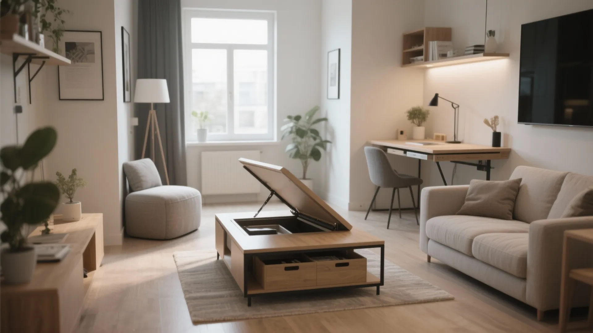 Modern living room featuring a wooden coffee table with storage, sofa, desk, and bright light