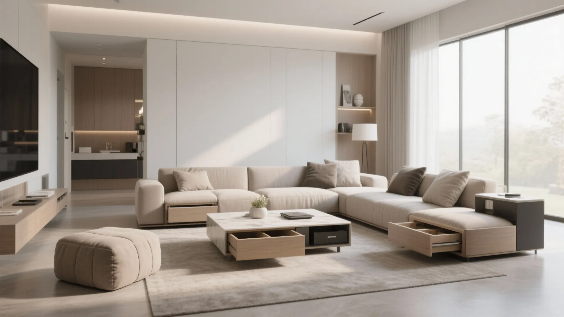 Modern living room with beige sofa storage drawers marble coffee table footrest and large window