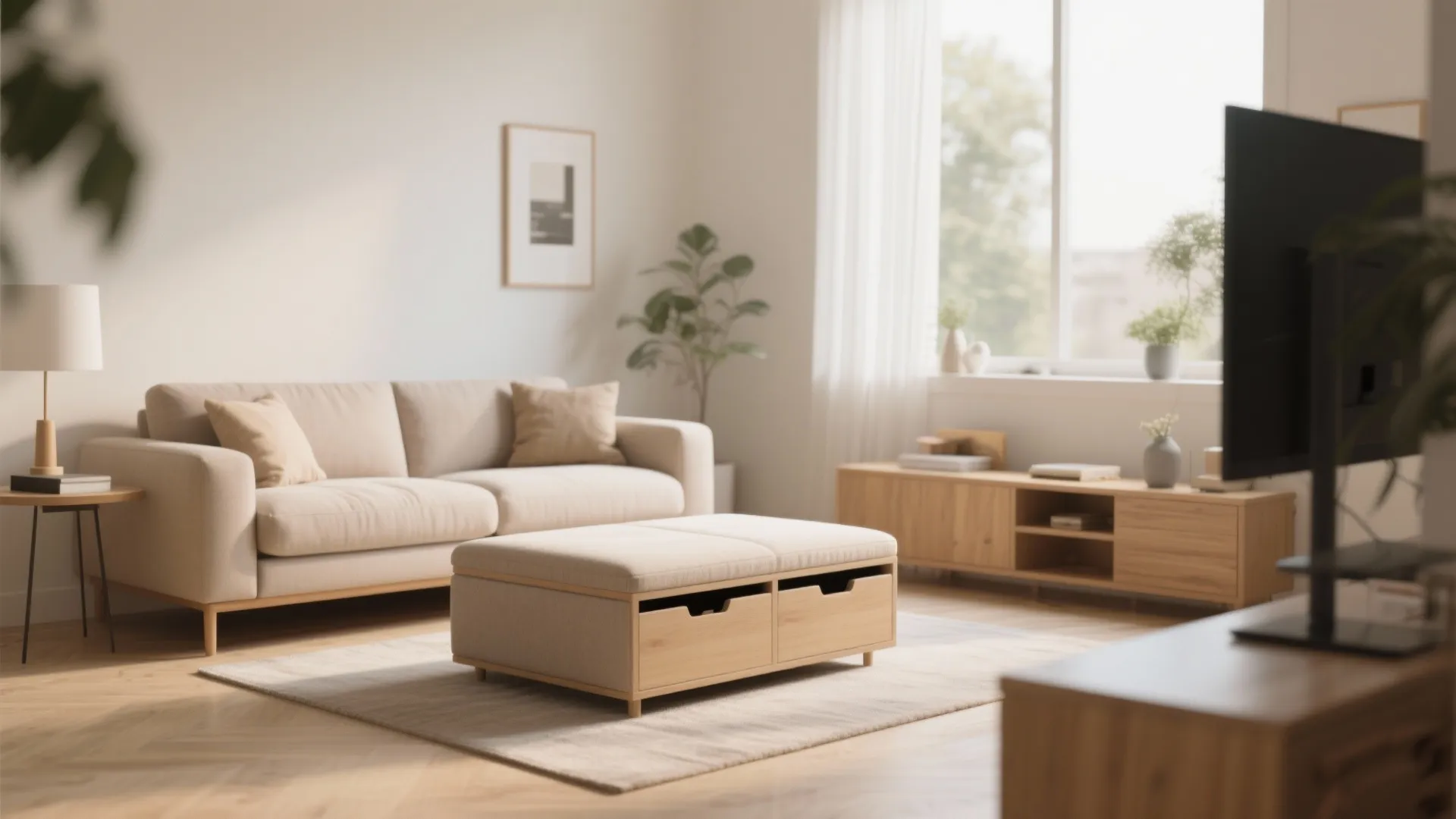 Living room showing cream sofa and storage footrest with wooden drawers on a light patterned rug