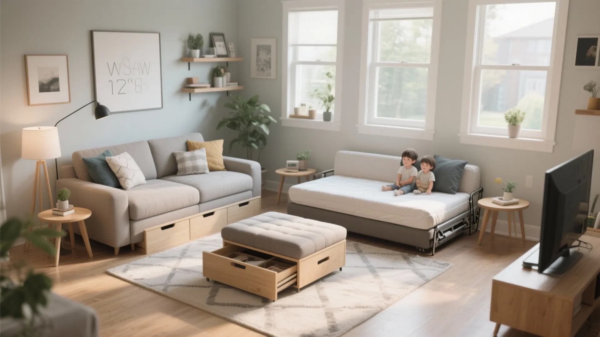 Living room showing a sofa with storage drawers a footrest and a pull out sofa bed