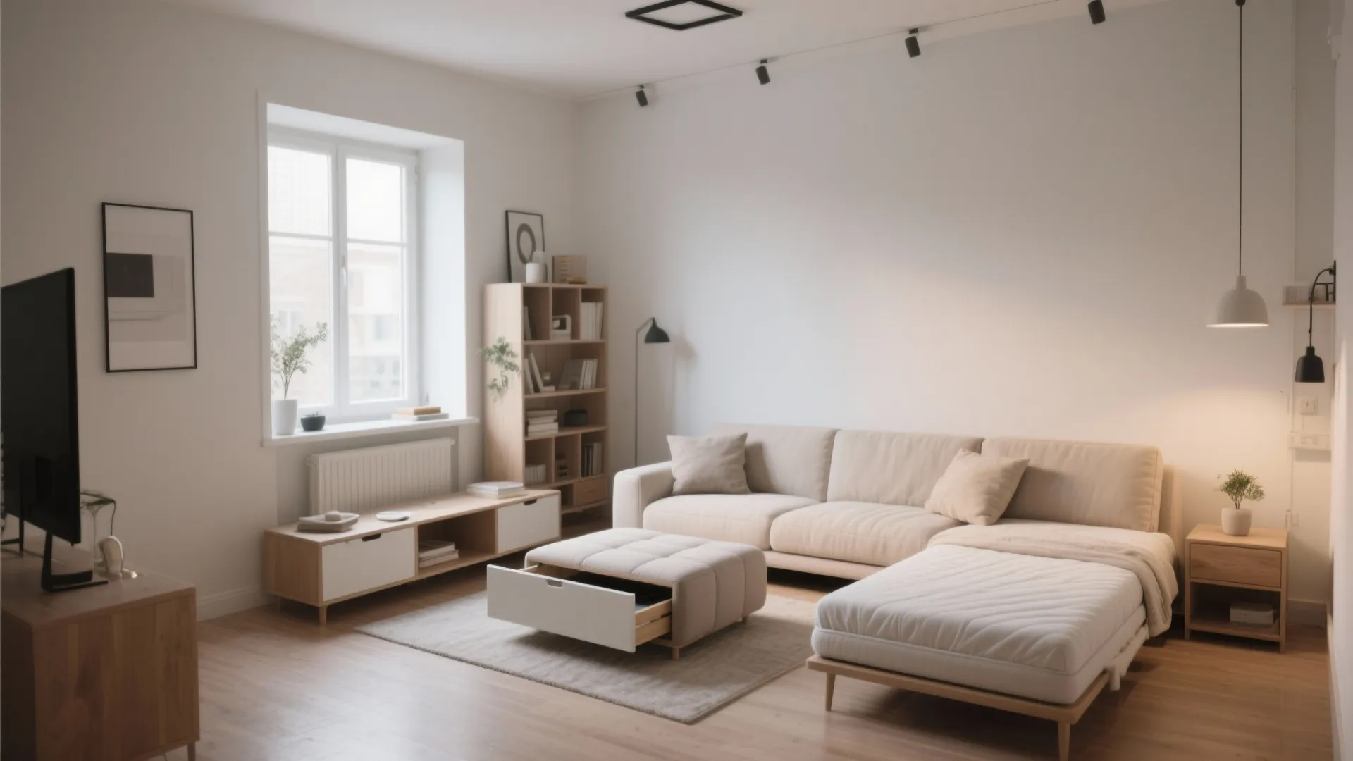 Bright living room with beige sofa and wooden footrest that includes a hidden storage drawer
