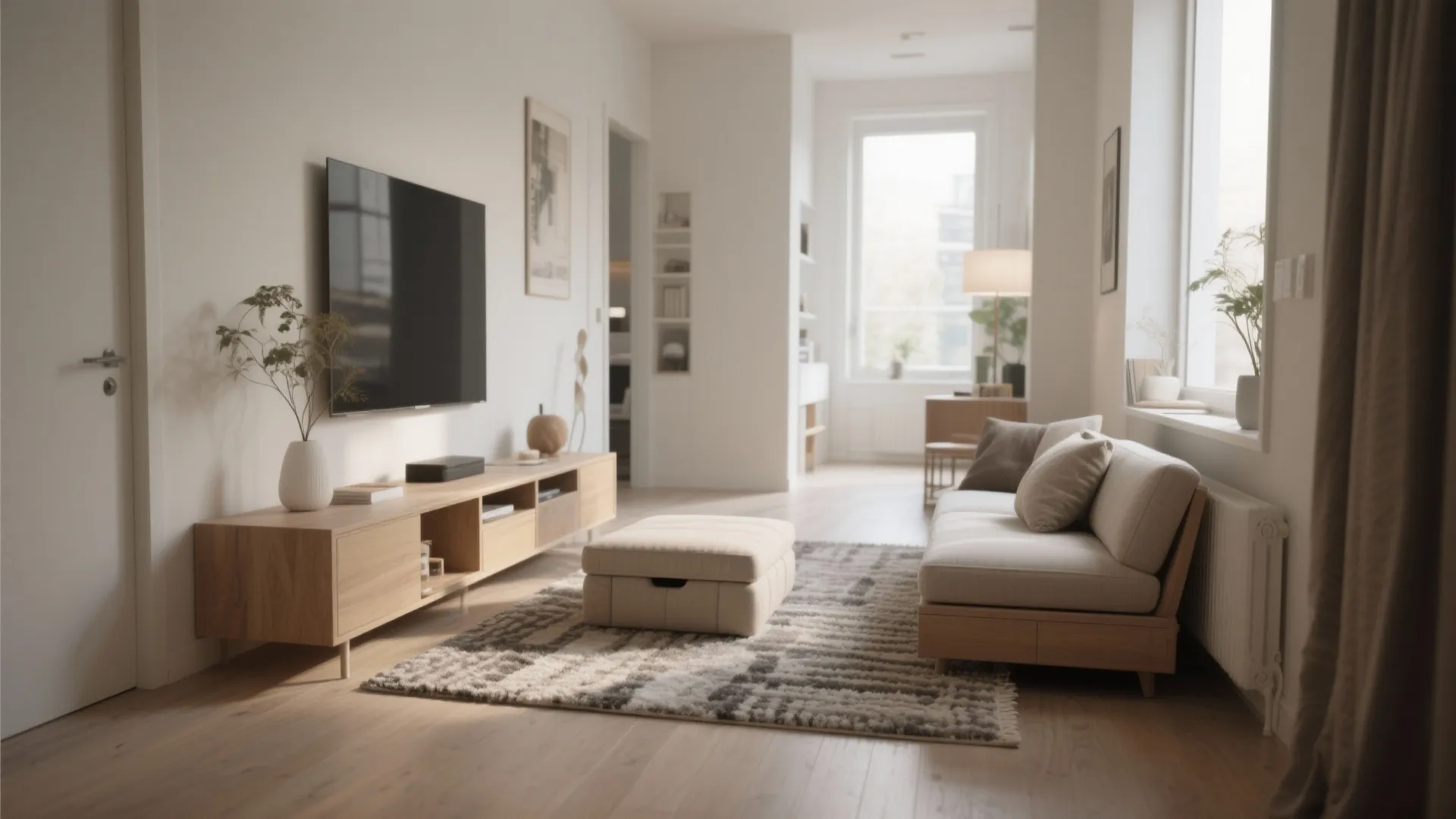 Storage ottoman doubling as seating in a narrow room