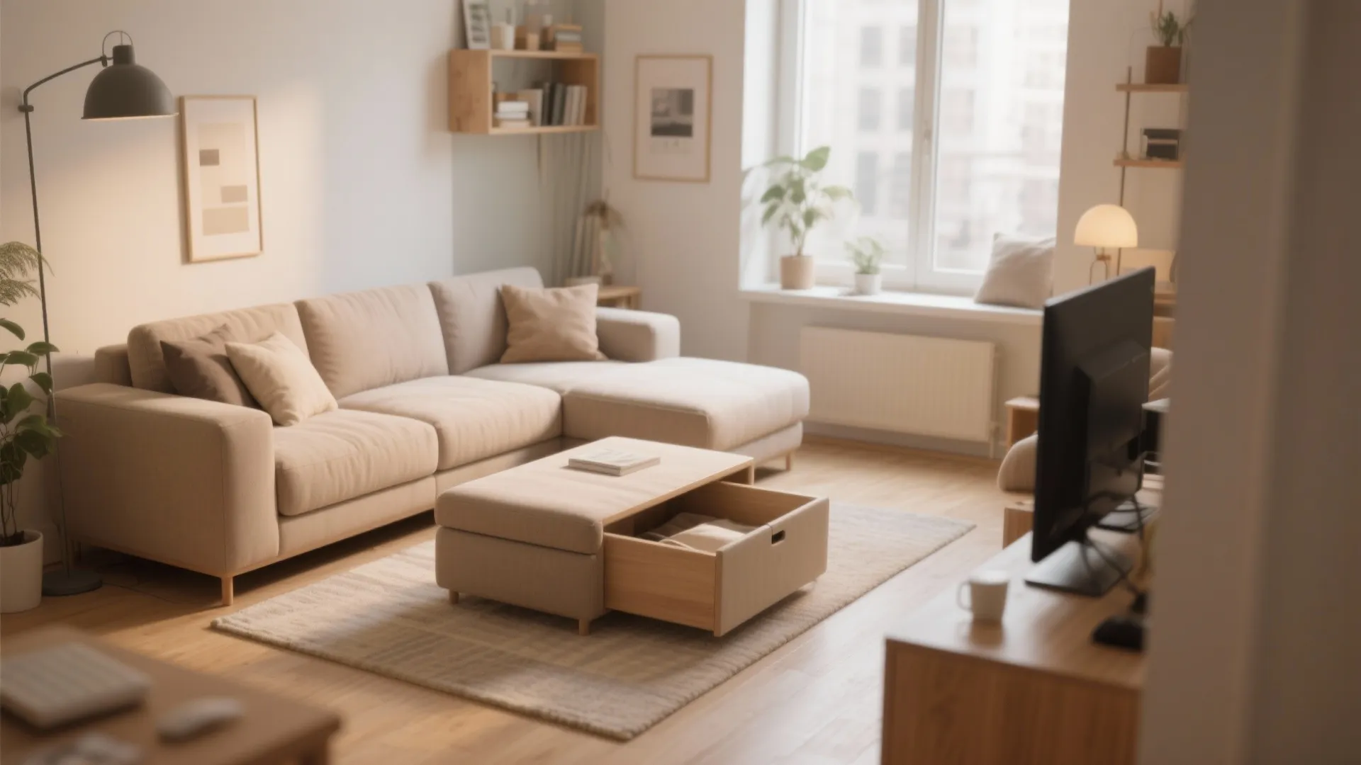 Modern warm living room with beige sofa wood coffee table with storage drawer and television