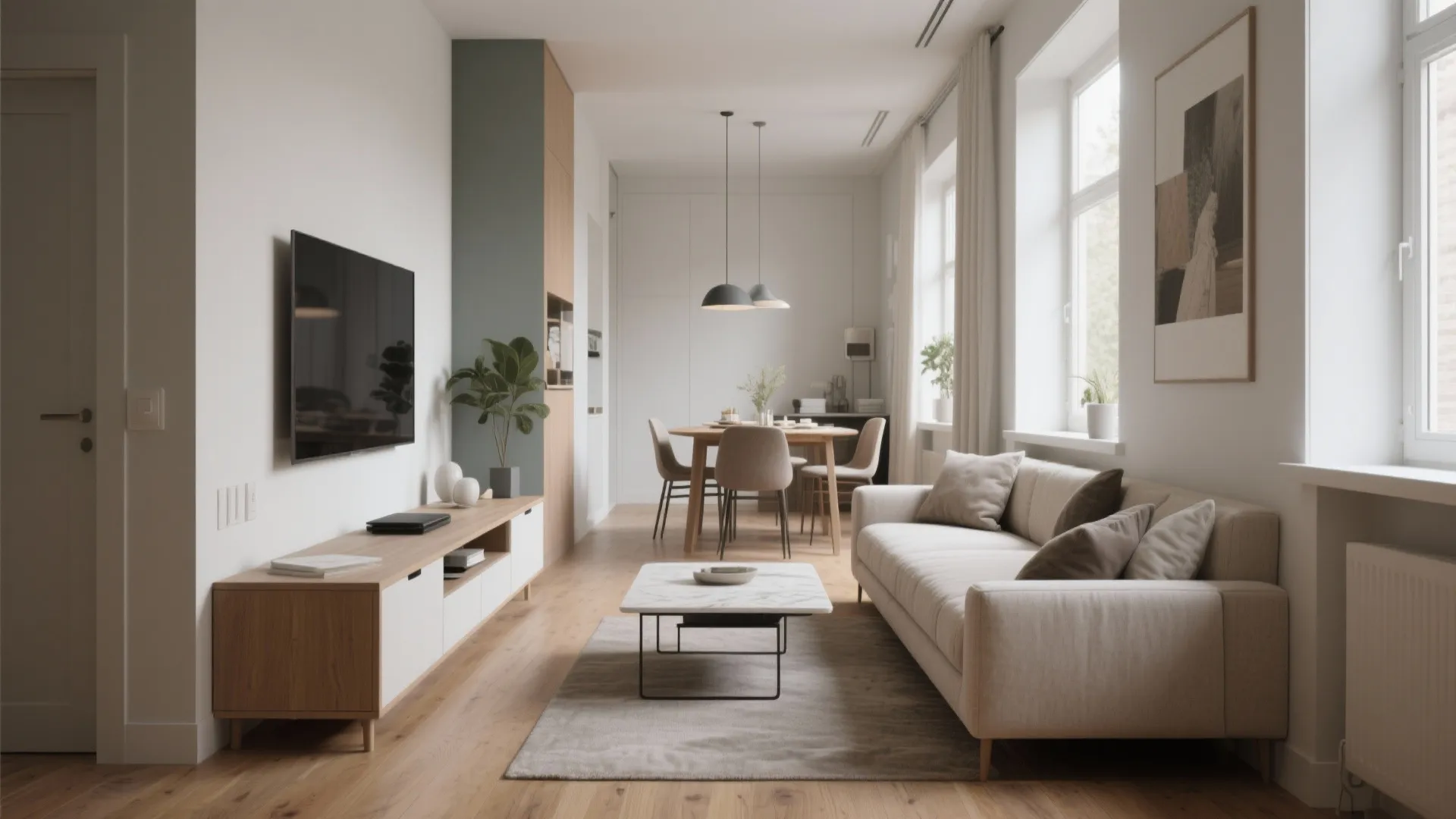 Small apartment living room with white sofa wooden cabinet wall mounted tv and dining area