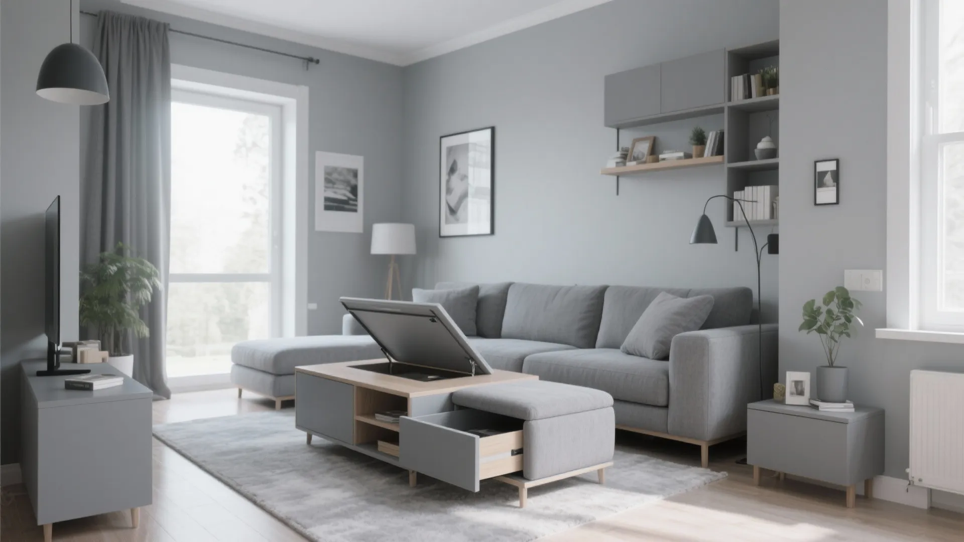 Grey living room featuring multi functional coffee table with storage drawer and lift top lid