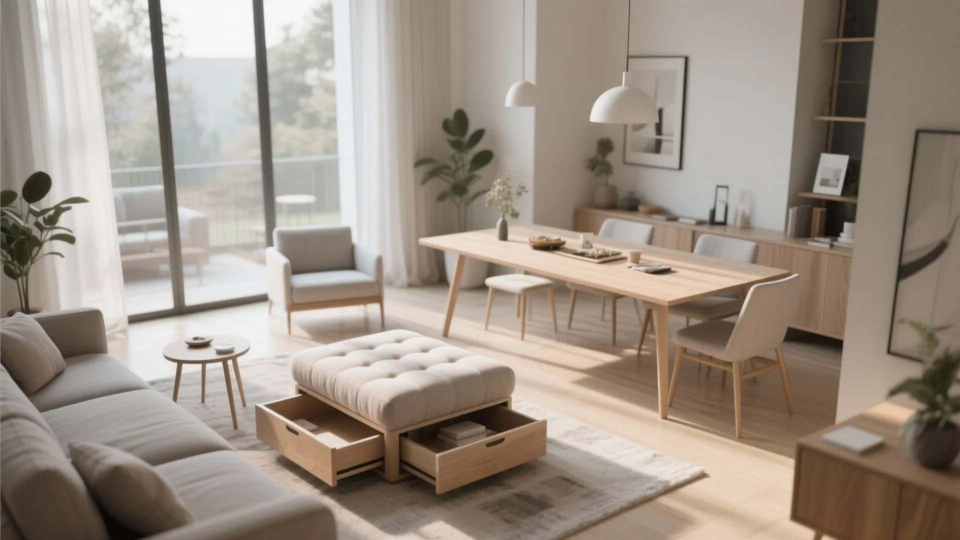 Scandinavian open layout with ottoman storage and nesting tables