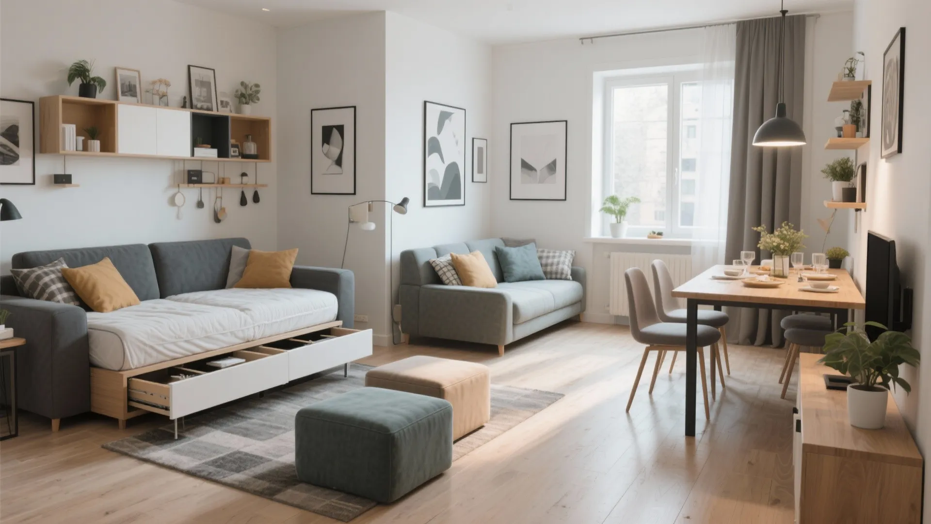 Modern white living room featuring a sofa bed with storage drawers and a dining table