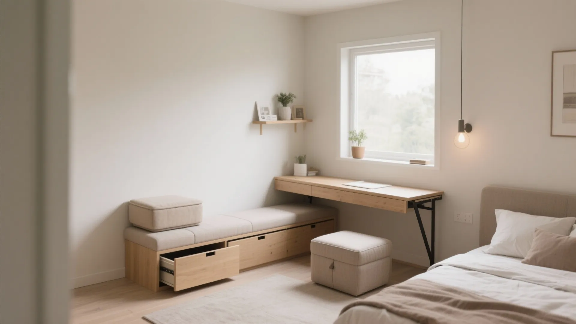 Minimalist bedroom workspace featuring wooden desk under window and bench with drawers and soft footrest