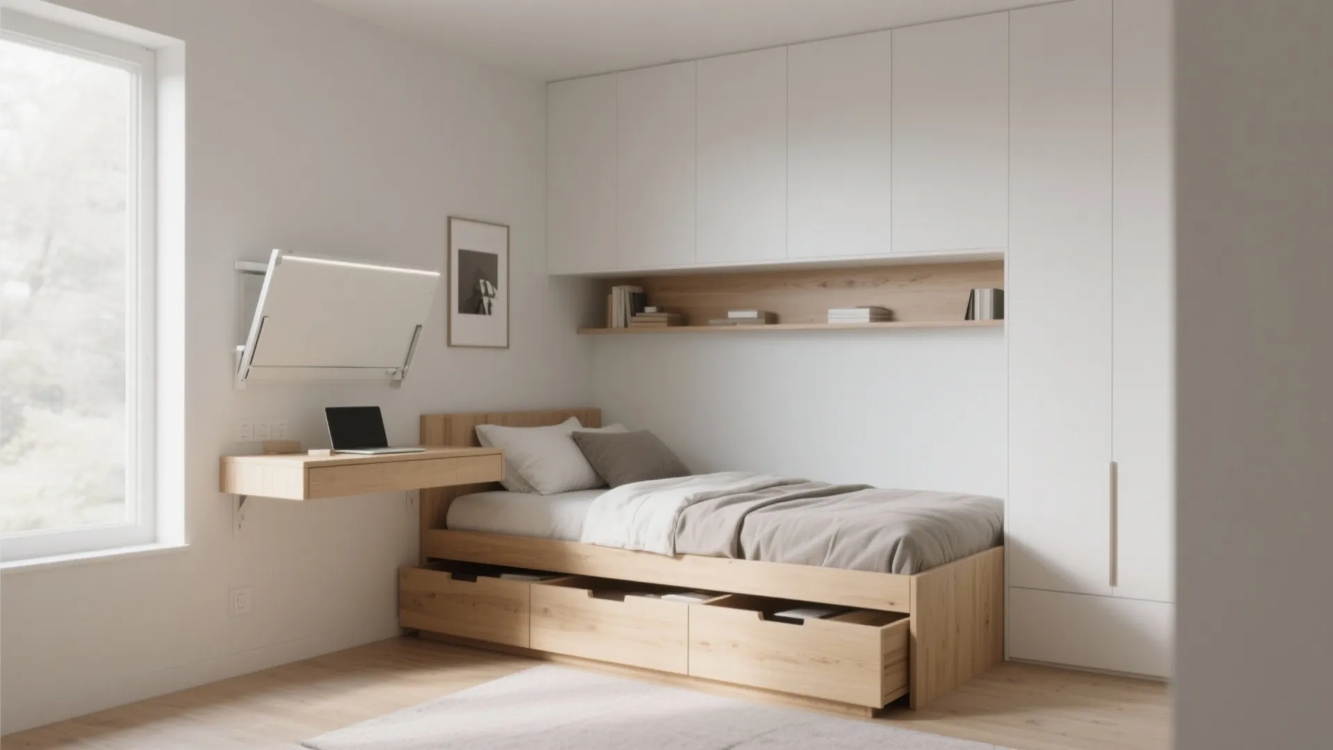 Small bedroom with a wooden bed including storage drawers and a wall mounted folding desk