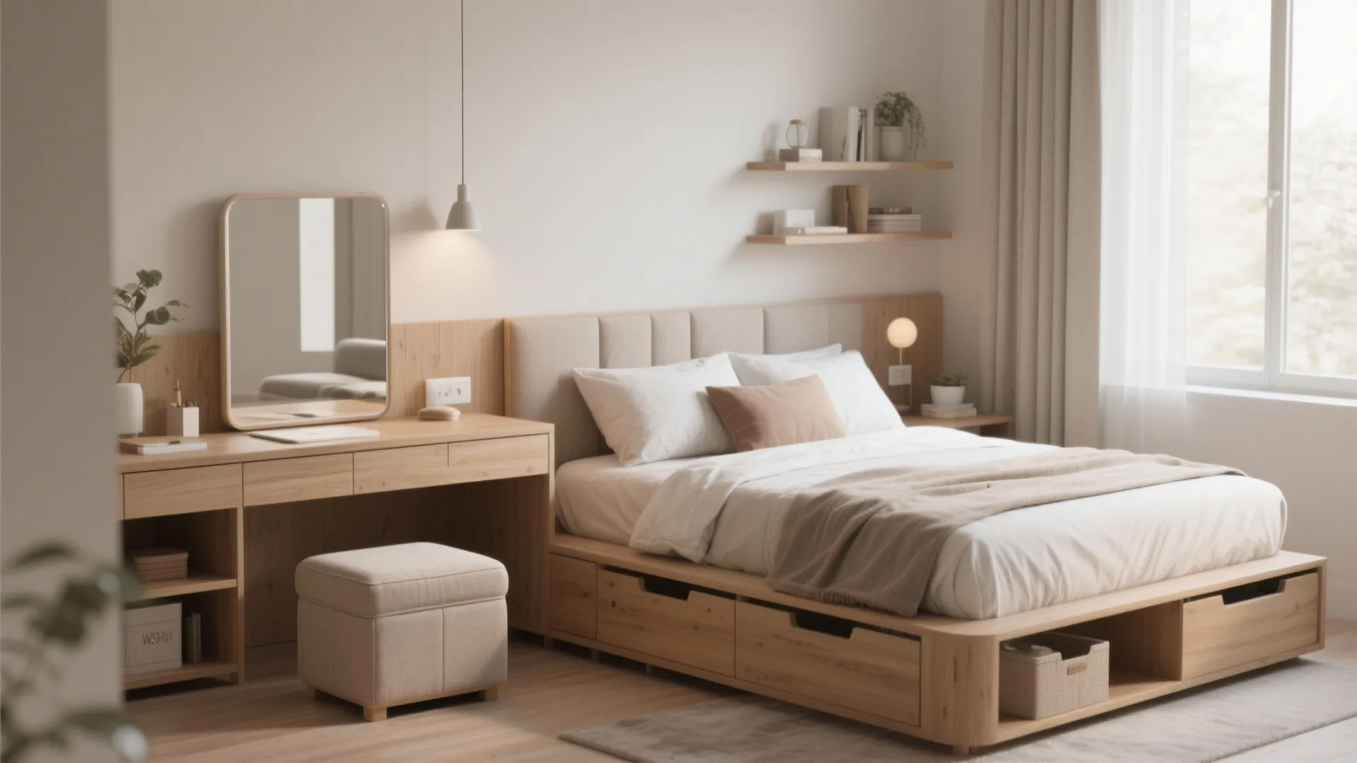 Modern bedroom with wood bed including storage drawers, matching desk with mirror, and small footrest